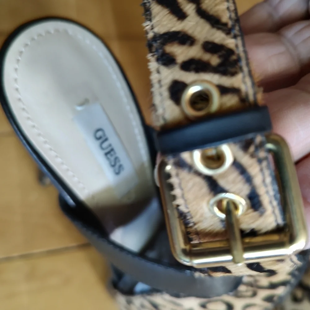 Guess Women's Cow Fur Leather Leopard Print Peep Toe Platform Heels